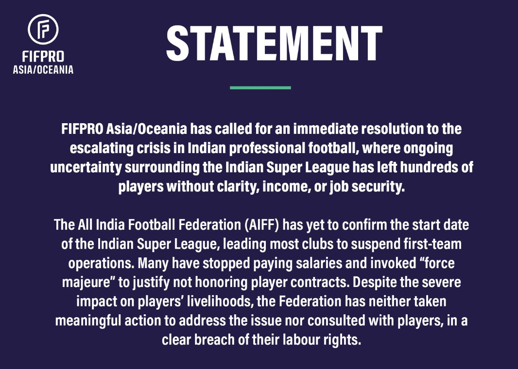 La FIFPRO publie une déclaration exhortant la FIFA à intervenir pour résoudre la crise du football indien